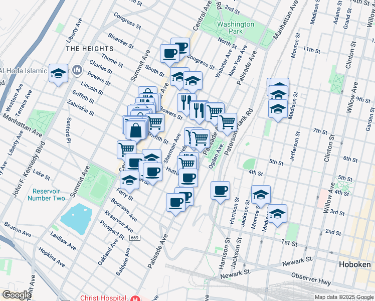 map of restaurants, bars, coffee shops, grocery stores, and more near 176 Webster Avenue in Jersey City