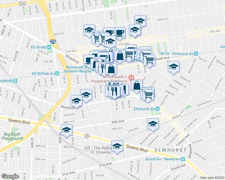 map of restaurants, bars, coffee shops, grocery stores, and more near 41-34 77th Street in Queens