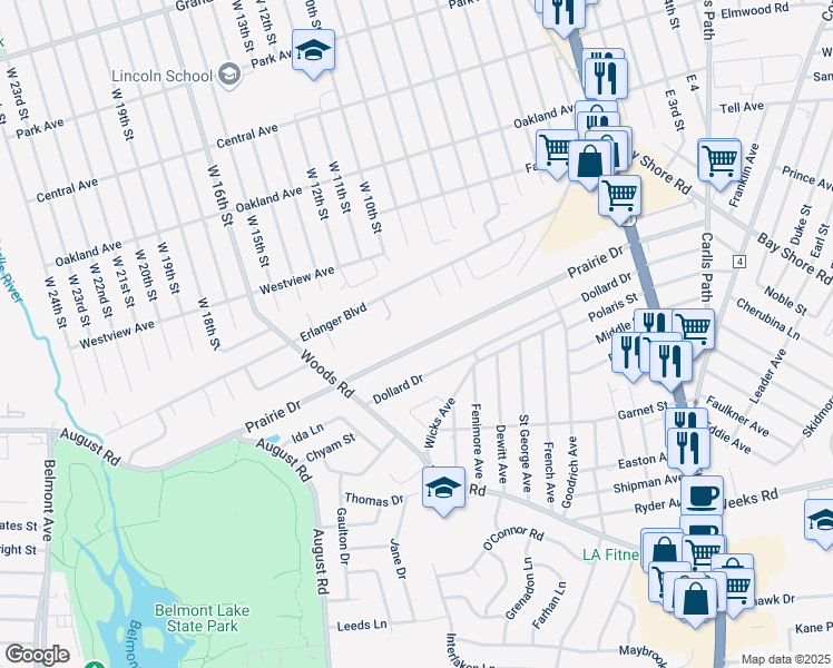 map of restaurants, bars, coffee shops, grocery stores, and more near 139 Prairie Dr in North Babylon