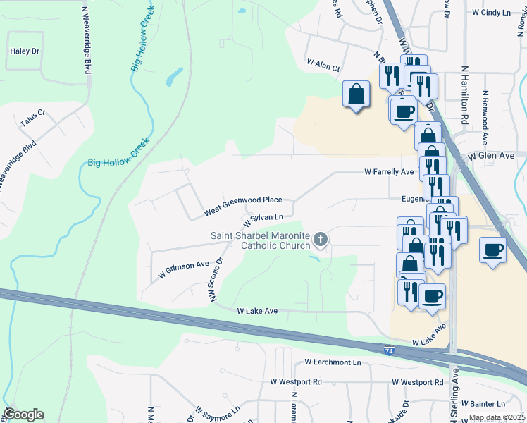 map of restaurants, bars, coffee shops, grocery stores, and more near 3203 West Sylvan Lane in Peoria