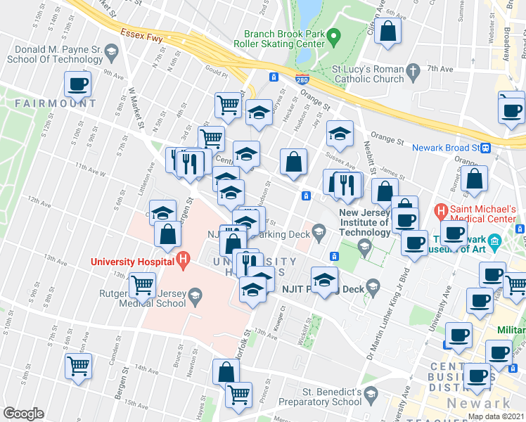 map of restaurants, bars, coffee shops, grocery stores, and more near 144 Hudson Street in Newark