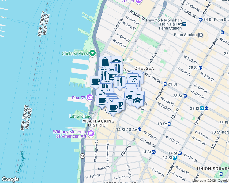 map of restaurants, bars, coffee shops, grocery stores, and more near in New York