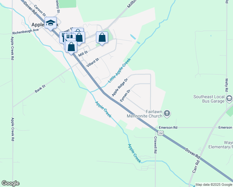 map of restaurants, bars, coffee shops, grocery stores, and more near 52 Apple Ridge Drive in Apple Creek