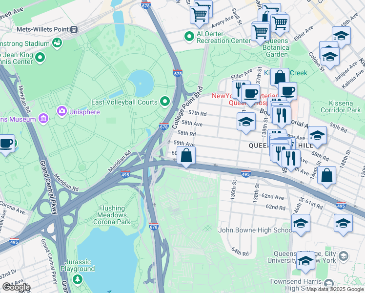 map of restaurants, bars, coffee shops, grocery stores, and more near 130-28 59th Avenue in Queens