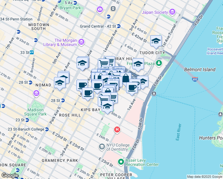 map of restaurants, bars, coffee shops, grocery stores, and more near 239 East 33rd Street in New York