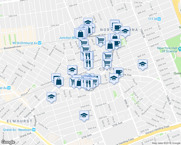 map of restaurants, bars, coffee shops, grocery stores, and more near 96-04 45th Avenue in Queens