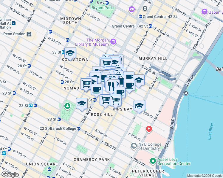map of restaurants, bars, coffee shops, grocery stores, and more near 114 East 32nd Street in New York