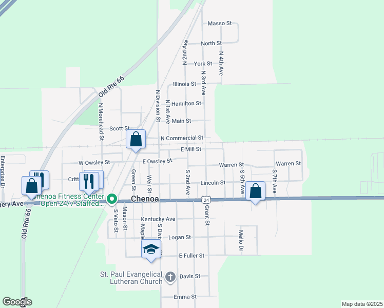 map of restaurants, bars, coffee shops, grocery stores, and more near 101 South 2nd Avenue in Chenoa