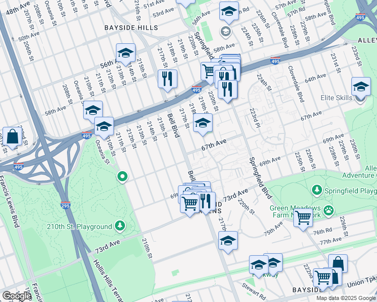 map of restaurants, bars, coffee shops, grocery stores, and more near 64-55 Bell Boulevard in Queens