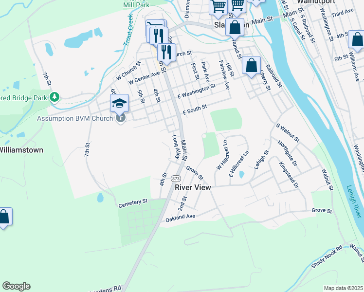 map of restaurants, bars, coffee shops, grocery stores, and more near 1258 Main Street in Slatington