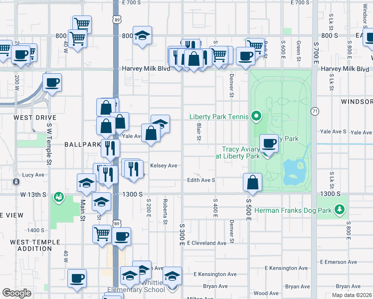 map of restaurants, bars, coffee shops, grocery stores, and more near 1123 S 300 E in Salt Lake City