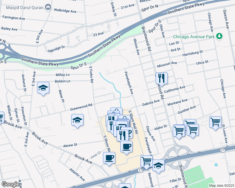 map of restaurants, bars, coffee shops, grocery stores, and more near in Bay Shore
