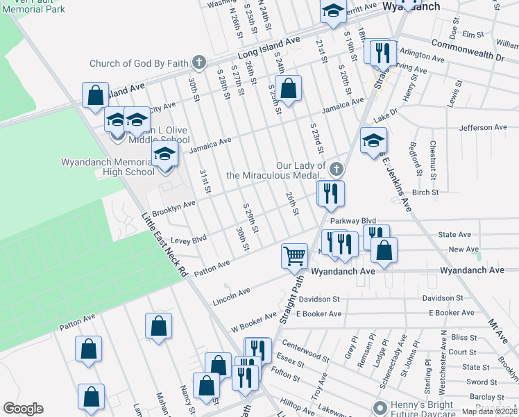 map of restaurants, bars, coffee shops, grocery stores, and more near 25 South 28th Street in Wyandanch