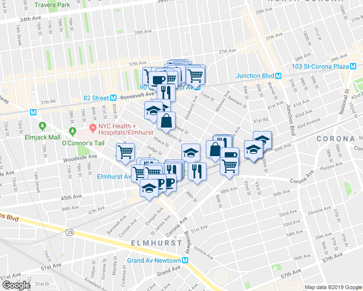 map of restaurants, bars, coffee shops, grocery stores, and more near 42-12 Hampton Street in Queens