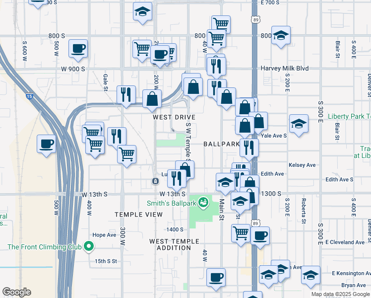 map of restaurants, bars, coffee shops, grocery stores, and more near 1118 South West Temple in Salt Lake City