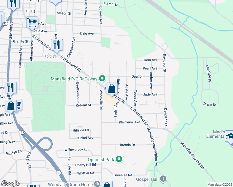 map of restaurants, bars, coffee shops, grocery stores, and more near 693 South Diamond Street in Mansfield