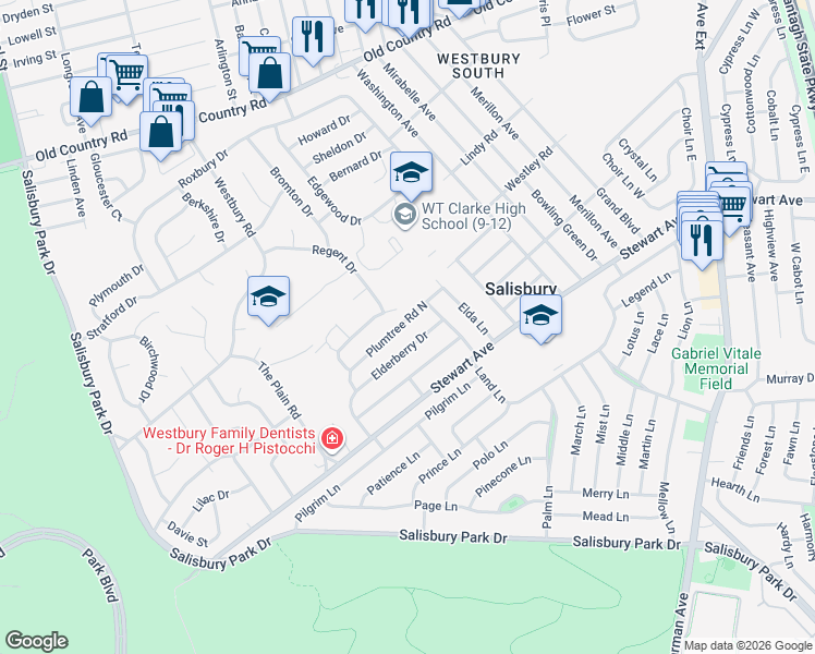 map of restaurants, bars, coffee shops, grocery stores, and more near 2226 Plum Tree Road West in Westbury