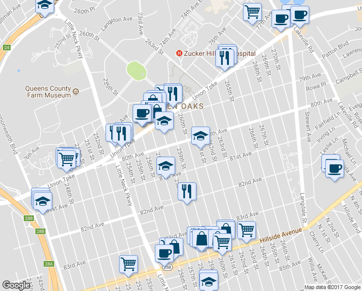 map of restaurants, bars, coffee shops, grocery stores, and more near 80-03 259th Street in Queens