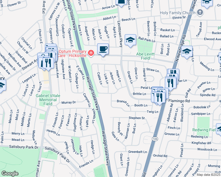 map of restaurants, bars, coffee shops, grocery stores, and more near 47 Link Ln in Hicksville