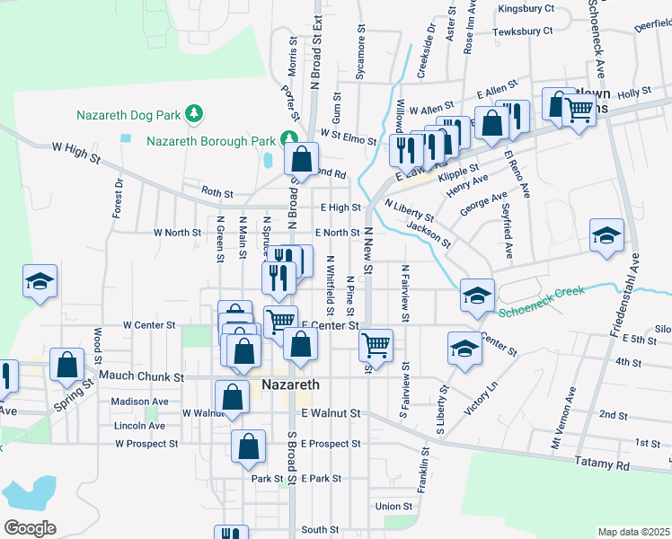 map of restaurants, bars, coffee shops, grocery stores, and more near 122 North Whitfield Street in Nazareth