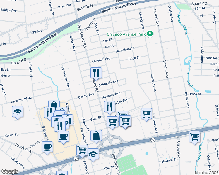 map of restaurants, bars, coffee shops, grocery stores, and more near 231 Dakota Avenue in Bay Shore