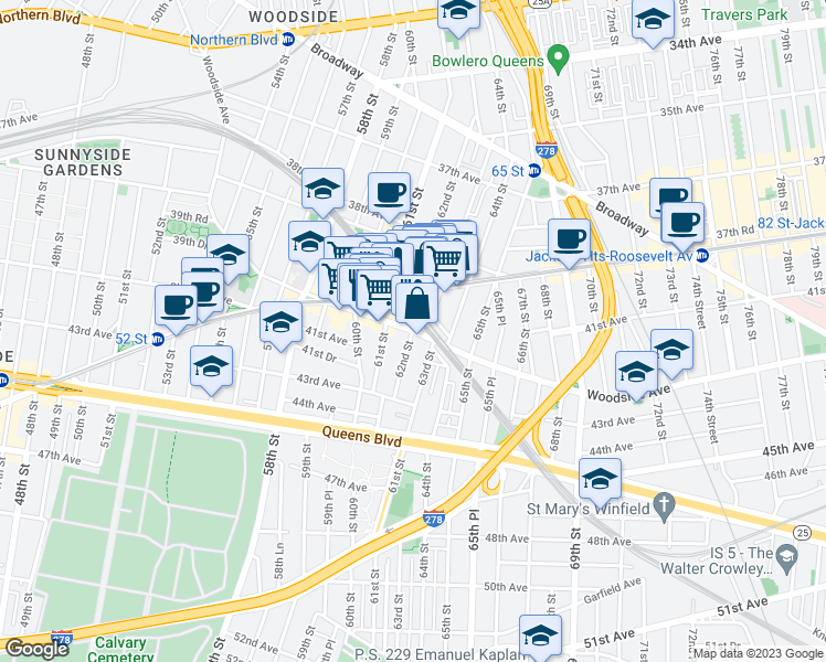 map of restaurants, bars, coffee shops, grocery stores, and more near in Queens