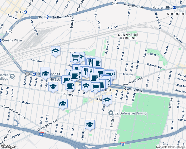 map of restaurants, bars, coffee shops, grocery stores, and more near 43-24 43rd Street in Queens