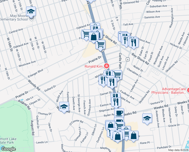 map of restaurants, bars, coffee shops, grocery stores, and more near 536 Middle Street in North Babylon