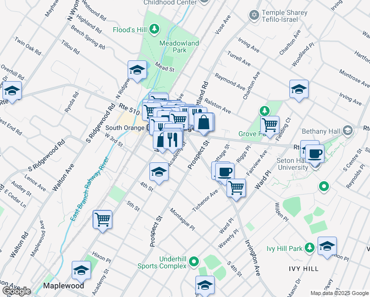 map of restaurants, bars, coffee shops, grocery stores, and more near 16 Academy Street in South Orange