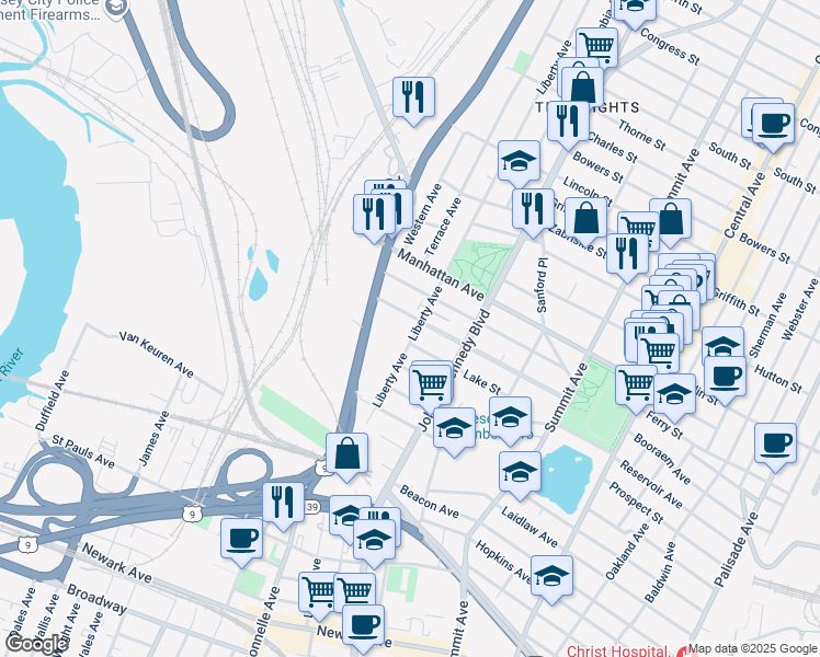 map of restaurants, bars, coffee shops, grocery stores, and more near 227 Liberty Avenue in Jersey City