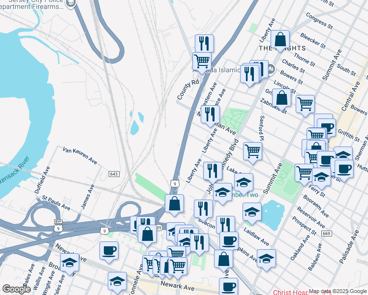 map of restaurants, bars, coffee shops, grocery stores, and more near 400 Tonnelle Avenue in Jersey City
