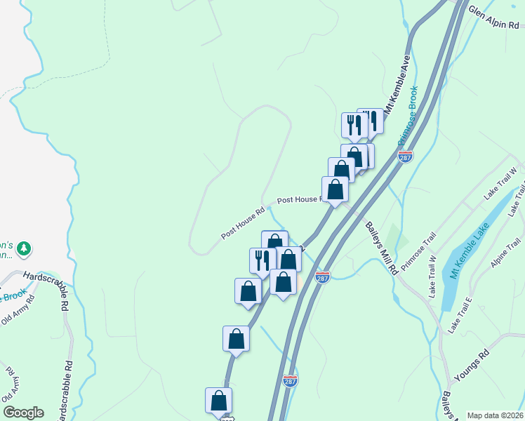 map of restaurants, bars, coffee shops, grocery stores, and more near 7 Post House Road in Morristown