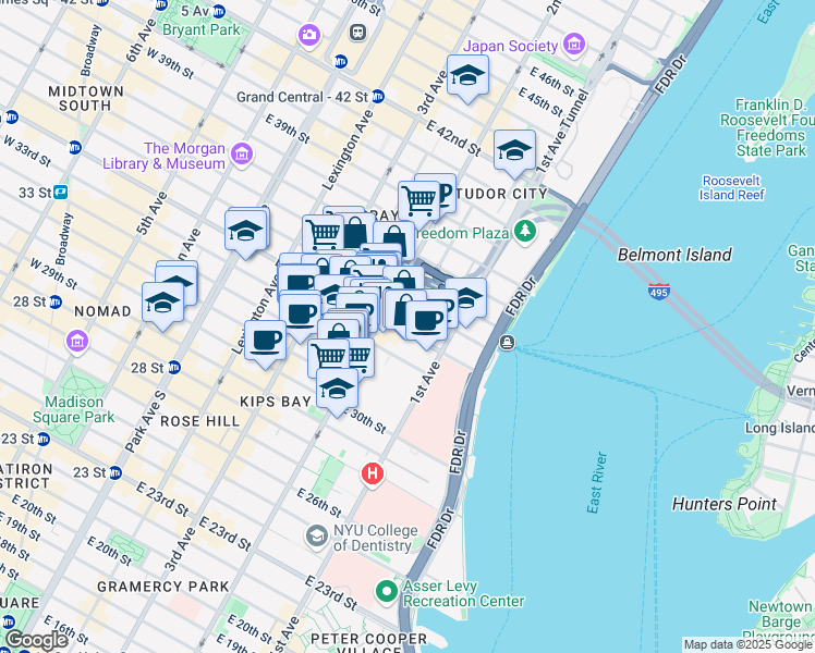 map of restaurants, bars, coffee shops, grocery stores, and more near 321 East 34th Street in New York