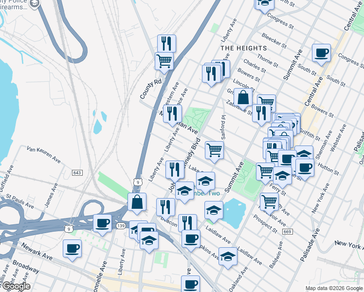 map of restaurants, bars, coffee shops, grocery stores, and more near 114 Carlton Avenue in Jersey City