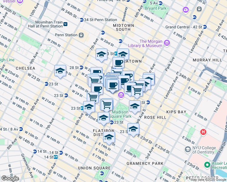 map of restaurants, bars, coffee shops, grocery stores, and more near Broadway & W 27th St in New York