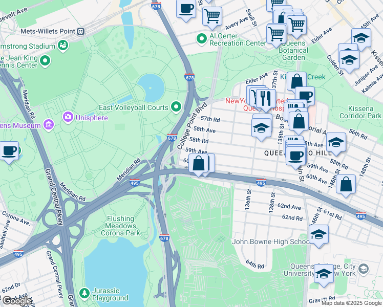map of restaurants, bars, coffee shops, grocery stores, and more near 130-28 59th Avenue in Queens