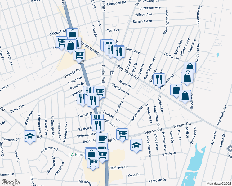 map of restaurants, bars, coffee shops, grocery stores, and more near 56 Cherubina Lane in North Babylon