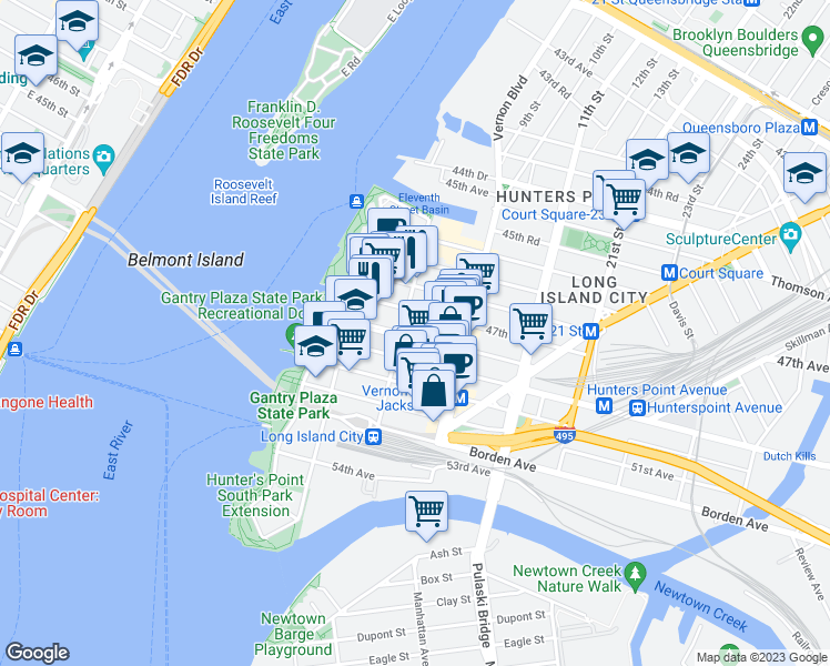 map of restaurants, bars, coffee shops, grocery stores, and more near 48-21 5th Street in Queens