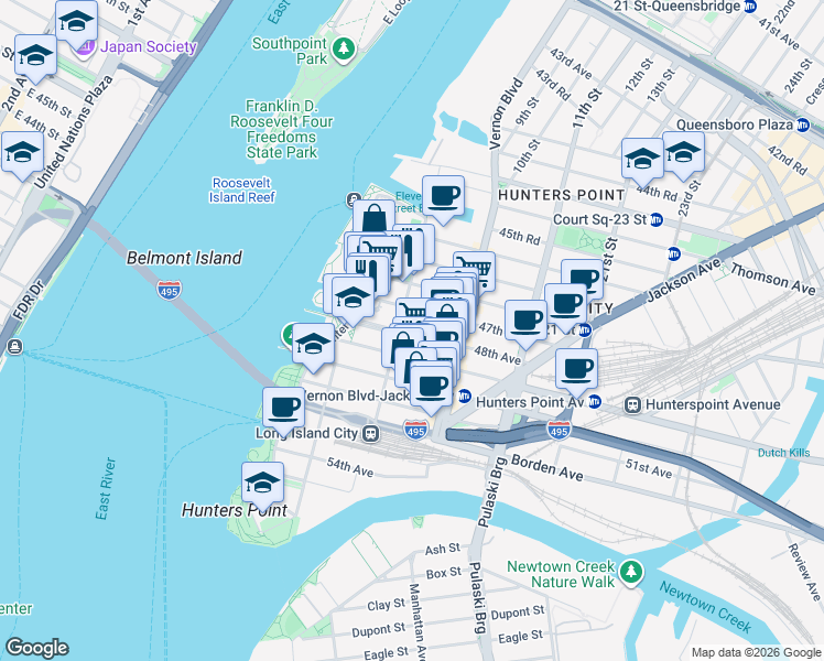 map of restaurants, bars, coffee shops, grocery stores, and more near 48-21 5th Street in Queens