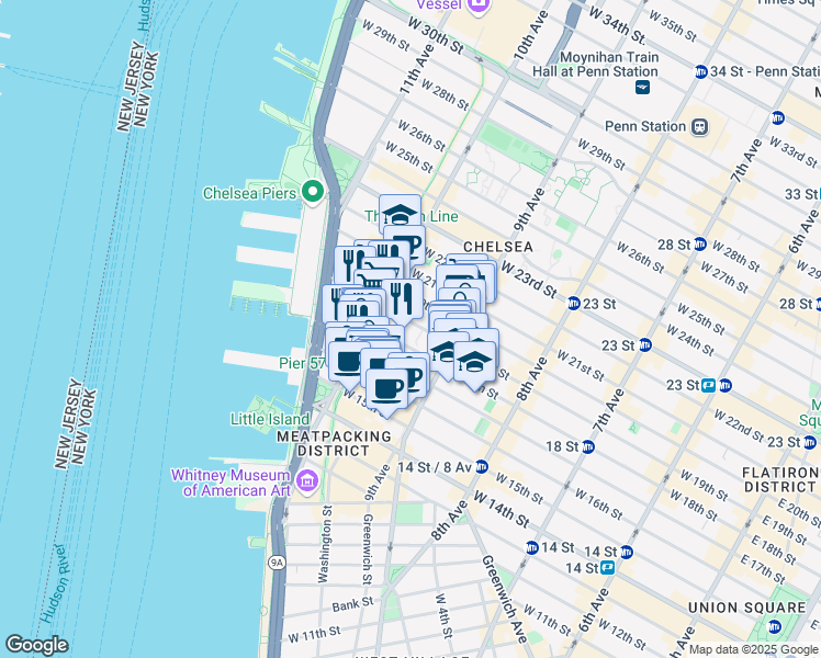 map of restaurants, bars, coffee shops, grocery stores, and more near 434 West 19th Street in New York