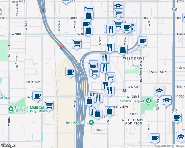 map of restaurants, bars, coffee shops, grocery stores, and more near 1110 South 300 West in Salt Lake City