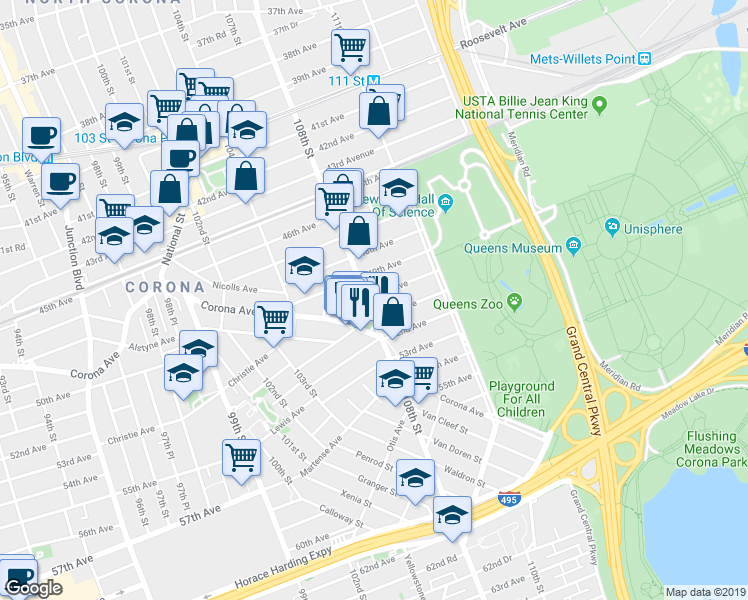map of restaurants, bars, coffee shops, grocery stores, and more near 50-01 108th Street in Queens