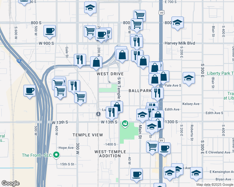 map of restaurants, bars, coffee shops, grocery stores, and more near 1118 South West Temple in Salt Lake City