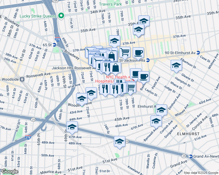map of restaurants, bars, coffee shops, grocery stores, and more near 41-25 75th Street in Queens