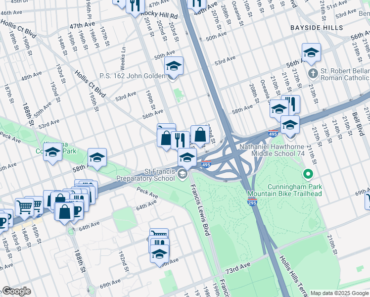 map of restaurants, bars, coffee shops, grocery stores, and more near 58-37 Francis Lewis Boulevard in Queens