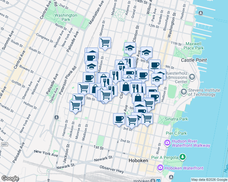 map of restaurants, bars, coffee shops, grocery stores, and more near 358 6th Street in Hoboken