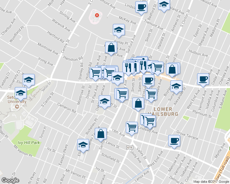 map of restaurants, bars, coffee shops, grocery stores, and more near 35 Hazelwood Avenue in Newark
