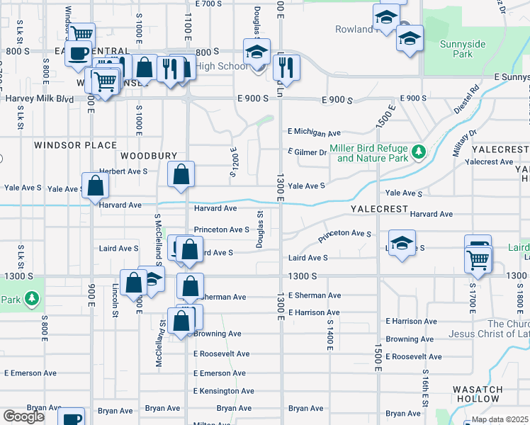 map of restaurants, bars, coffee shops, grocery stores, and more near 1121 Douglas Street in Salt Lake City