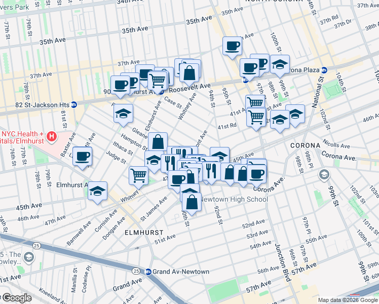 map of restaurants, bars, coffee shops, grocery stores, and more near 43-05 Forley Street in Queens