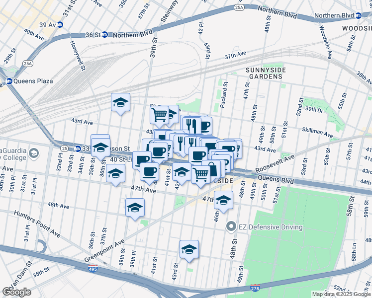 map of restaurants, bars, coffee shops, grocery stores, and more near 43-24 43rd Street in Queens